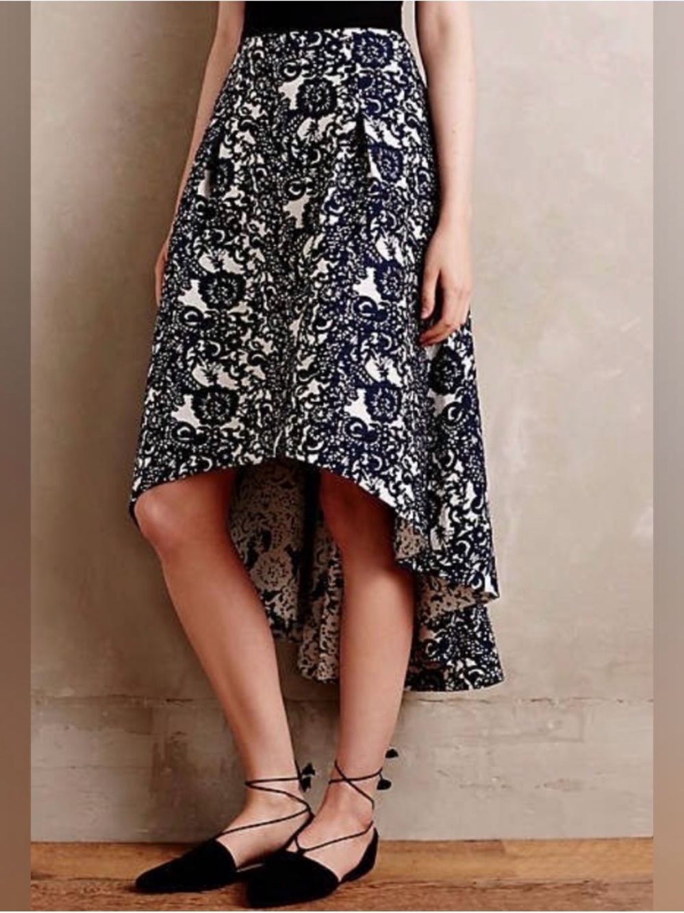 Anthropologie Navy and White High-Low Floral Skirt